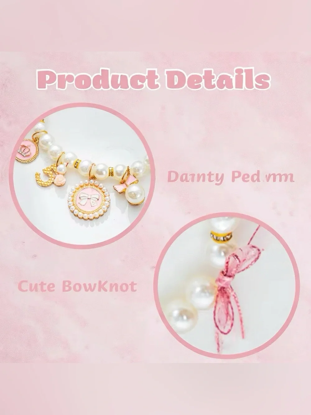 Cute Pearl Dog Cat Collar Necklace Pink and Gold Charms Pet Jewelry Adjustable